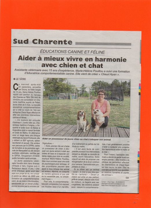 article du journal Charente Libre du vendredi 13 octobre 2020 ; article sur Marie-Hélène Pouillou